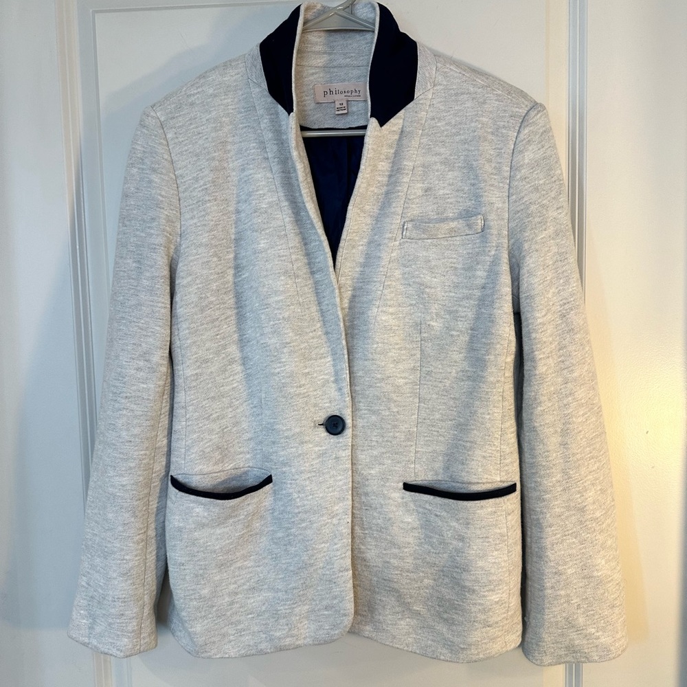 Philosophy Grey & Navy Jersey Knit Classic Suit Blazer, size 10/12